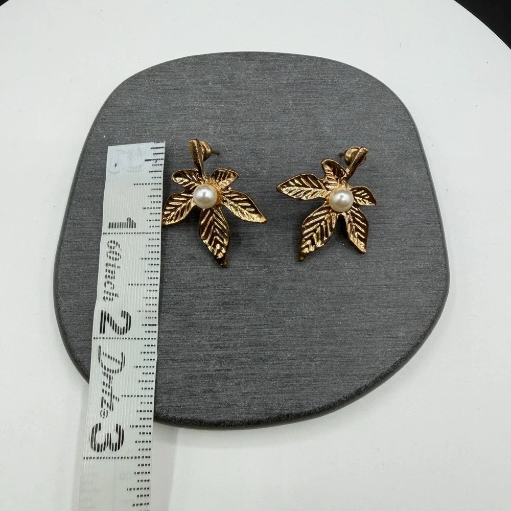 Gold Tone Pearl Leaf Drop Earrings Botanical Cottagecore Statement Jewelry Gift